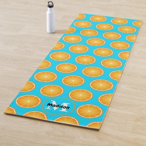 Cool Juicy Orange slices Monogram neon blue Yoga Mat