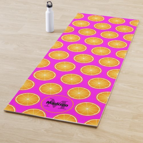 Cool Juicy Orange slices Monogram neon pink Yoga Mat