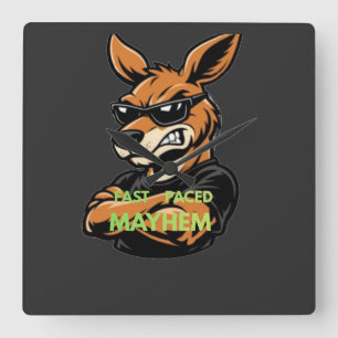 Cool Kangaroo Fast Paced Mayhem Black T-Shirt Square Wall Clock