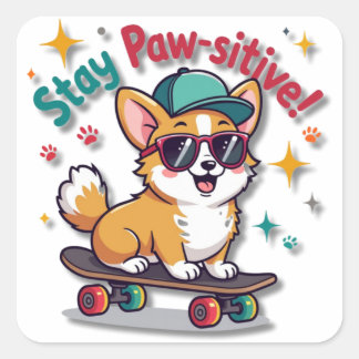 Cool Kawaii Corgi on a Skateboard Square Sticker