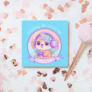 Cool Kawaii Gamer Girl Dog Birthday Wishes in Blue Note Card