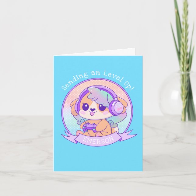 Cool Kawaii Gamer Girl Dog Birthday Wishes in Blue Note Card (Front)
