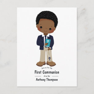Cool Khaki Black Boy First Holy Communion Invite
