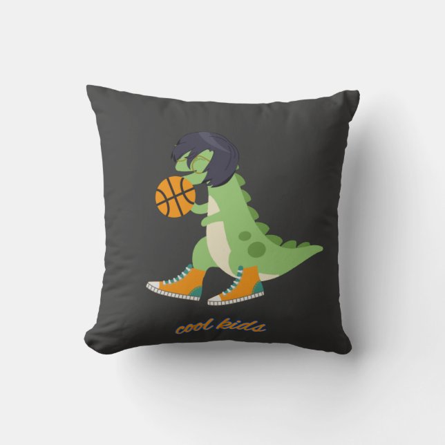 Cool Kids Basketball Dinosaur Throw Pillow (Front)