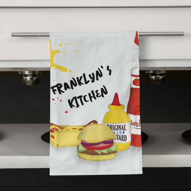 Cool Kitchen BBQ Personalized Kitchen Towel (Cute kitchen towel with hamburger and hotdog artwork)