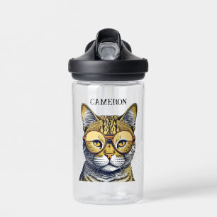Cool Kitty Cat with Glasses Personalized Water Bottle