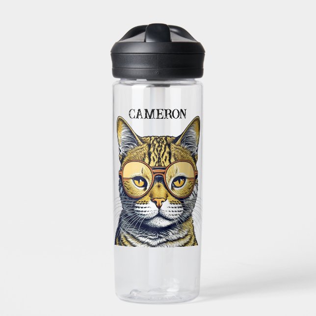 Cool Kitty Cat with Glasses Personalized Water Bottle (Front)