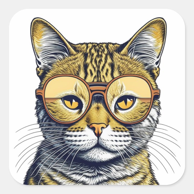 Cool Kitty Cat with Glasses Square Sticker (Front)