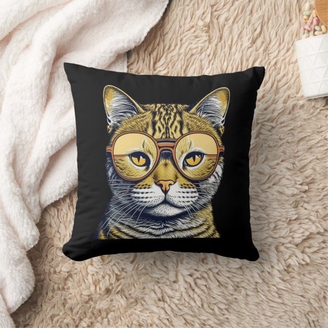 Cool Kitty Cat with Glasses Throw Pillow (Blanket)