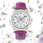 Cool Kitty Pink Name Kids Watch<br><div class="desc">The cool kitty design in now on wrist watches for kids. This cat is white with teal, blue and pink flowers and curly cue design. The white face for the watch has bold teal numbers making this kids watch easy to read. An extra bonus now you can add a name...</div>