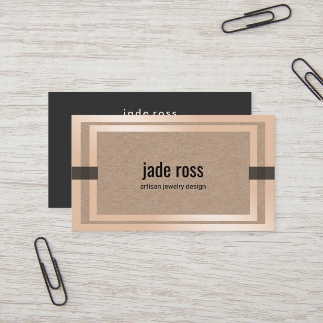 Cool Kraft Paper Jewelry Designer Rose Gold Border Business Card (Front/Back In Situ)
