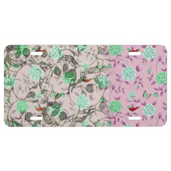 Cool Lady Grunge Skulls And Teal & Pink Floral License Plate by ChicPink at Zazzle
