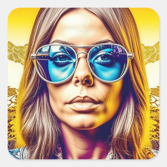 Cool Lady in Blue Sunglasses Square Sticker (Front)