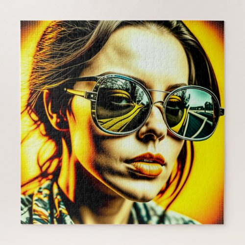 Cool Lady in Sunglasses Reflection of a Road Jigsaw Puzzle