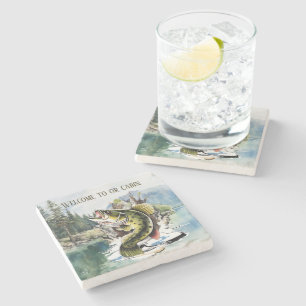 Cool lake house welcome fish stone coaster