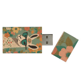 Cool Lama In Sunglasses Floral Wood Flash Drive