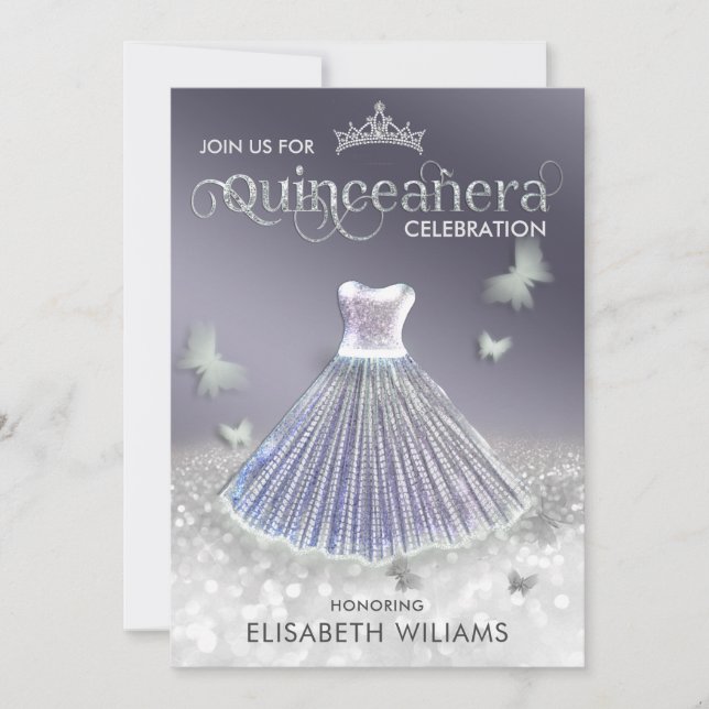 Cool lavender silver glitter dress butterfly invitation (Front)