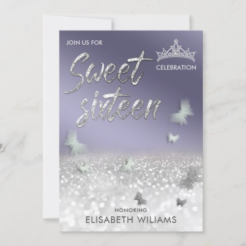 Cool lavender silver glitter tiara butterfly  invitation