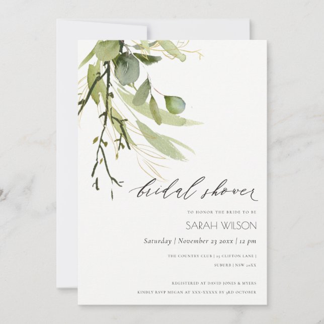 COOL LEAFY GREEN FOLIAGE WATERCOLOR BRIDAL SHOWER INVITATION (Front)