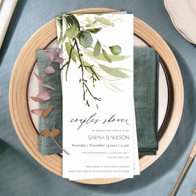 COOL LEAFY GREEN FOLIAGE WATERCOLOR COUPLES SHOWER INVITATION (Creator Uploaded)