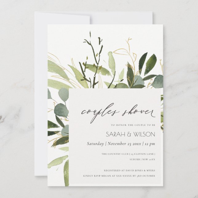 COOL LEAFY GREEN FOLIAGE WATERCOLOR COUPLES SHOWER INVITATION (Front)