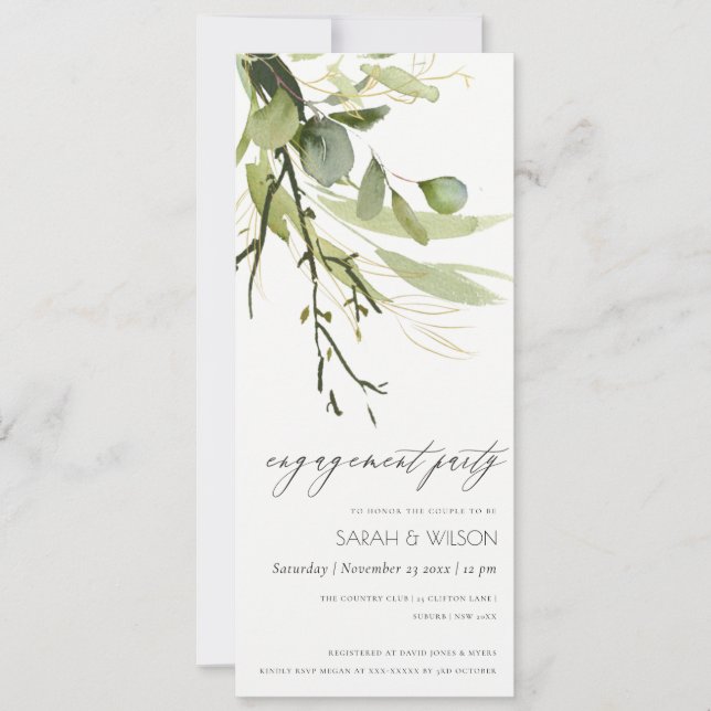 COOL LEAFY GREEN FOLIAGE WATERCOLOR ENGAGEMENT INVITATION (Front)