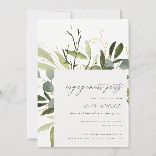 COOL LEAFY GREEN FOLIAGE WATERCOLOR ENGAGEMENT INVITATION (Front)