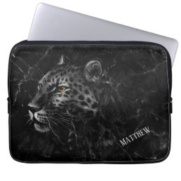 Cool Leopard  Black Marble Background Monogram Laptop Sleeve