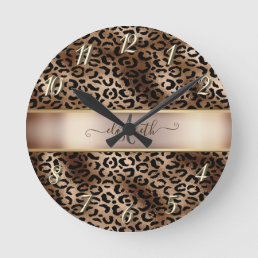 Cool Leopard Pattern Black Bronze Monogram    Round Clock