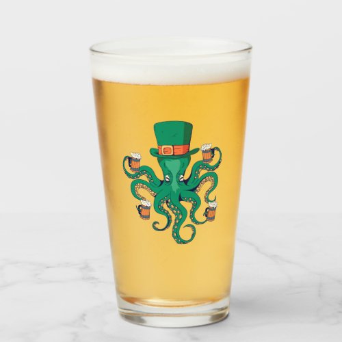 Cool Leprechaun Octopus and Beer St Patricks Day Glass