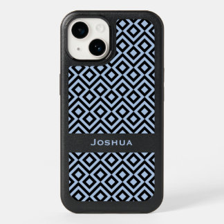 Cool Light Blue and Black Meander, Custom Name OtterBox iPhone 14 Case