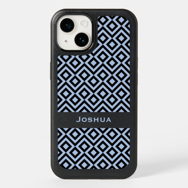 Cool Light Blue and Black Meander, Custom Name Otterbox iPhone Case (Back)