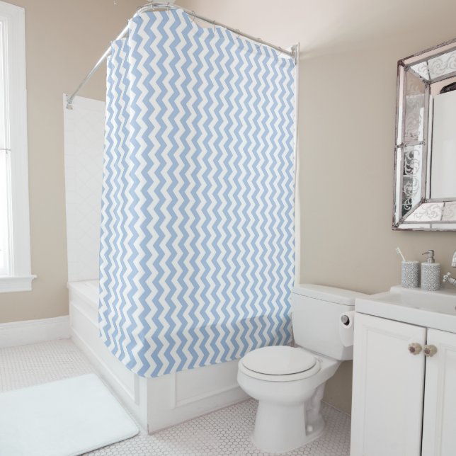 Cool Light Blue and White Chevron Stripe Shower Curtain (In Situ)