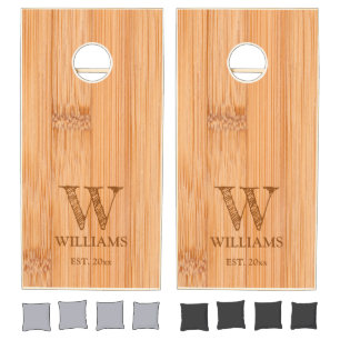 Cool light brown bamboo wood print Family Monogram Cornhole Set
