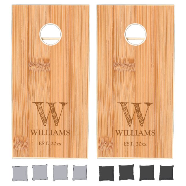Cool light brown bamboo wood print Family Monogram Cornhole Set (Set)