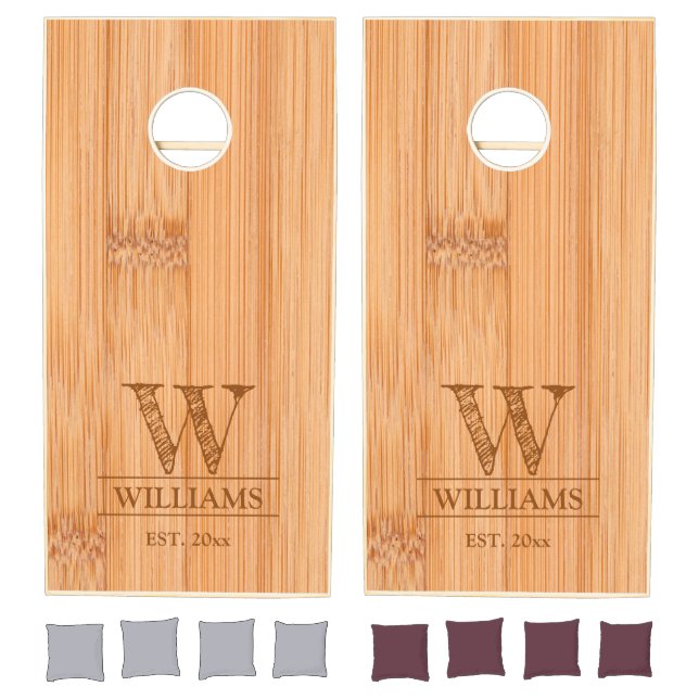 Cool light brown bamboo wood print Family Monogram Cornhole Set (Set)