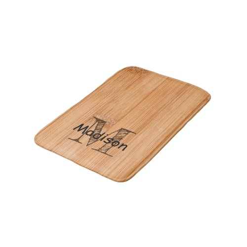 Cool light brown bamboo wood print Monogram  Bath Mat