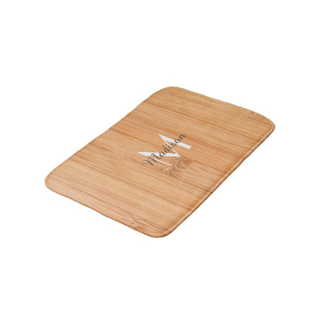 Cool light brown bamboo wood print Monogram Bath Mat (Angled)