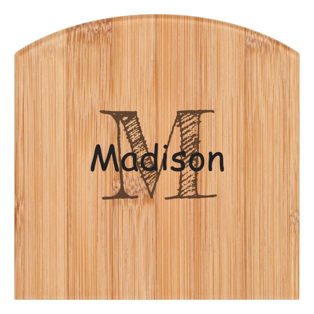 Cool light brown bamboo wood print Monogram  Door Sign (Contour Front)