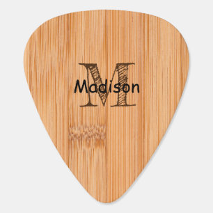 Cool light brown bamboo wood print Monogram  Guitar Pick