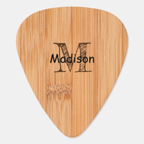 Cool light brown bamboo wood print Monogram  Guitar Pick