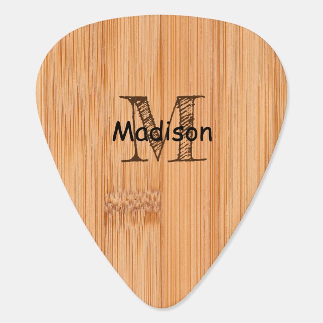 Cool light brown bamboo wood print Monogram  Guitar Pick (Back)