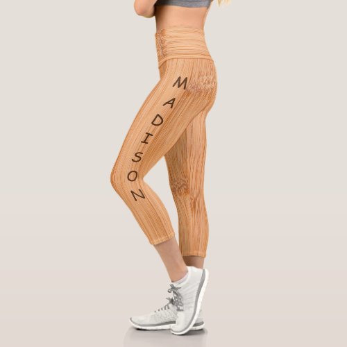 Cool light brown bamboo wood print Monogram name Capri Leggings