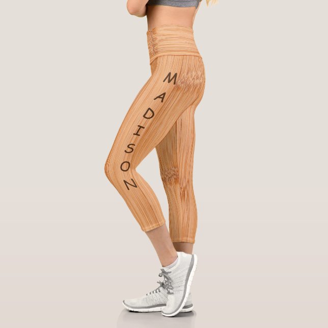 Cool light brown bamboo wood print Monogram name Capri Leggings (Left)