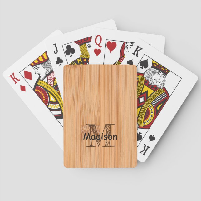 Cool light brown bamboo wood print Monogram  Poker Cards (Back)