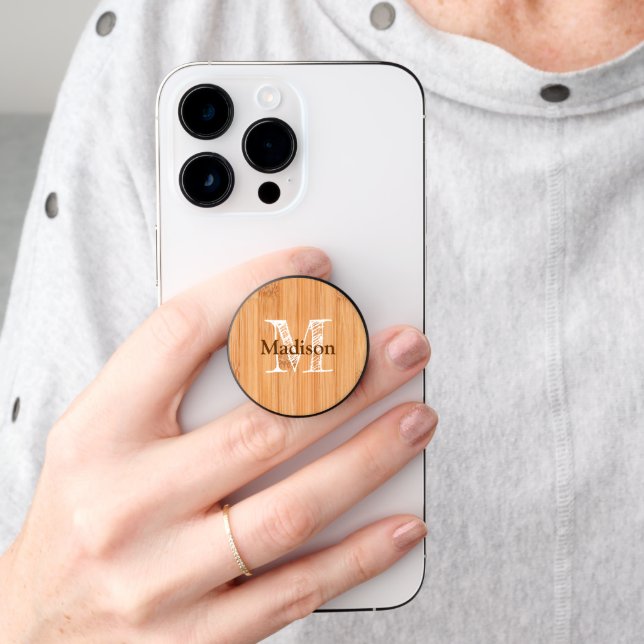 Cool light brown bamboo wood print Monogram  PopSocket (Hand)