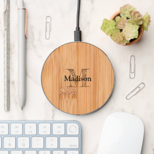 Cool light brown bamboo wood print Monogram  Wireless Charger