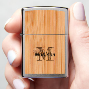 Cool light brown bamboo wood print Monogram Zippo Lighter