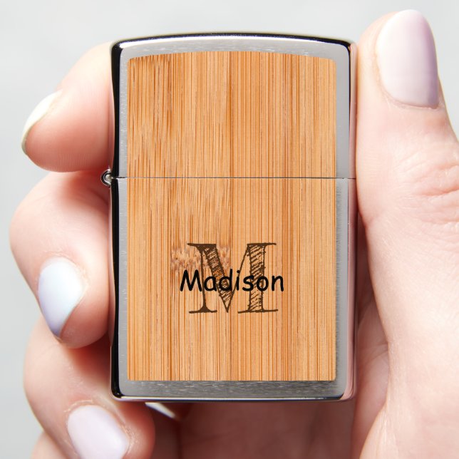 Cool light brown bamboo wood print Monogram Zippo Lighter (In Hand)