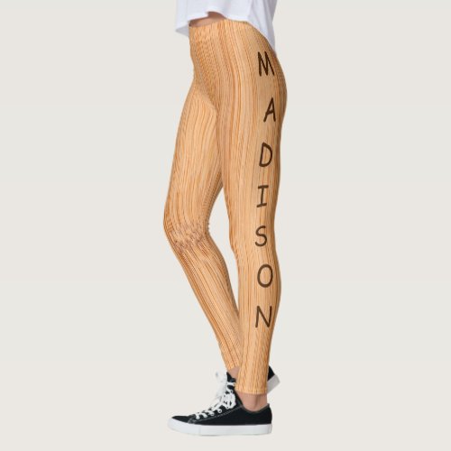 Cool light brown bamboo wood print Name Monogram Leggings